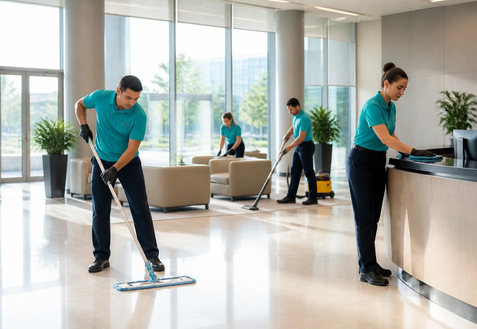 Burz Facility Services cleaning crew working in a bright modern office lobby in Montgomery, Alabama